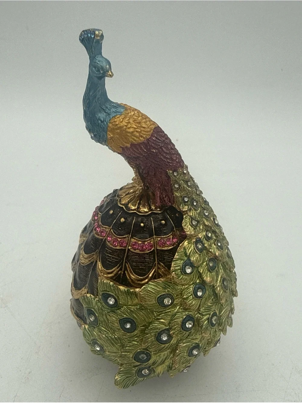 VTG Bejeweled Peacock Bird Egg Trinket Box Magnetic Lid Enamel Inside 4”